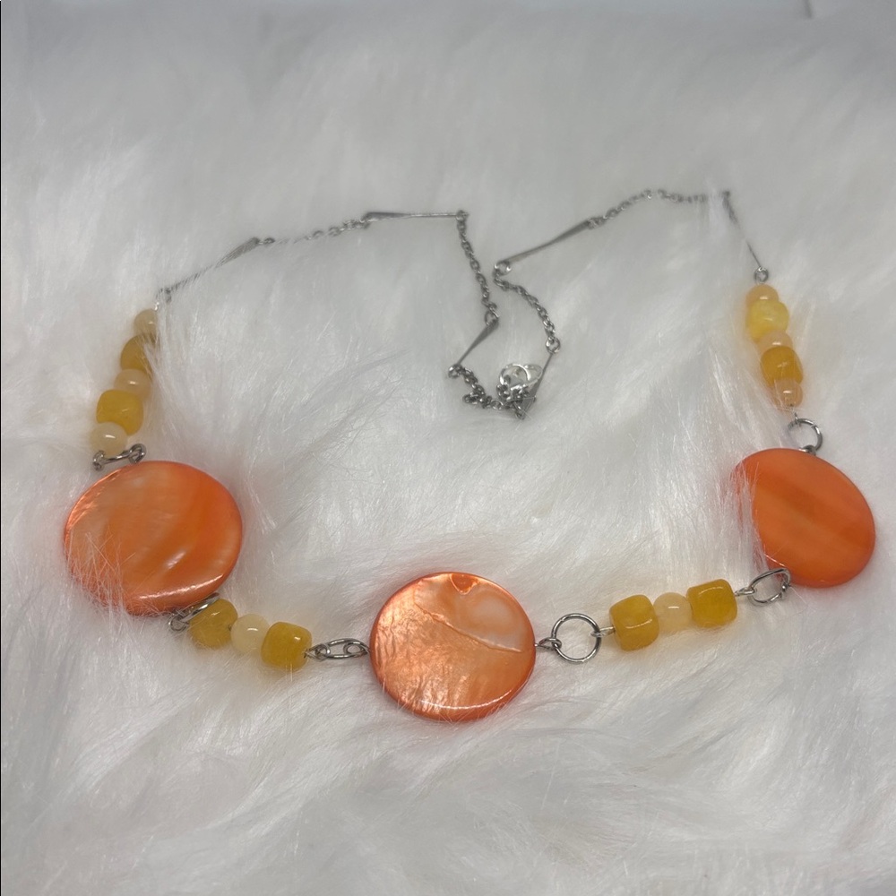 Artisan Orange and Yellow Beaded Necklace Natural Calcite and MOP
